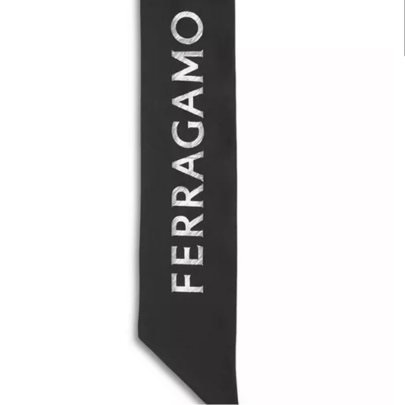Salvatore Ferragamo Etched Logo Print Silk Bandeau Scarf Twilly in Black White - Picture 3 of 13